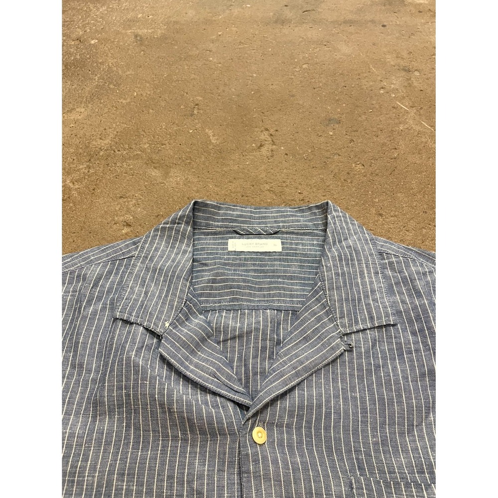 Lucky Brand Shirt Mens XL Blue Striped Linen Short Sleeve Camp Collar Casual - Picture 6 of 16